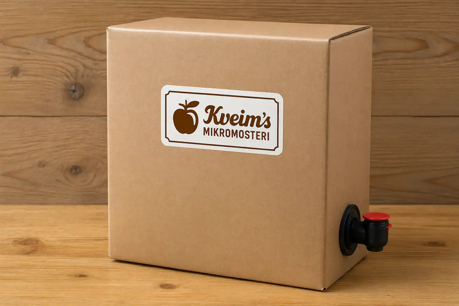 Bag-in-box for pasteurisert eplemost fra Kveim's Mikromosteri